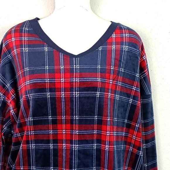 Nautica women's blue/red plaid plush V neck long-sleeve  2 Piece pajamas set XL - Picture 3 of 11